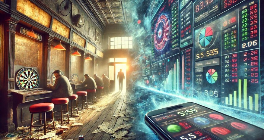 Comparison of traditional bookmakers and modern online sports betting showing the shift from cash betting shops to digital apps